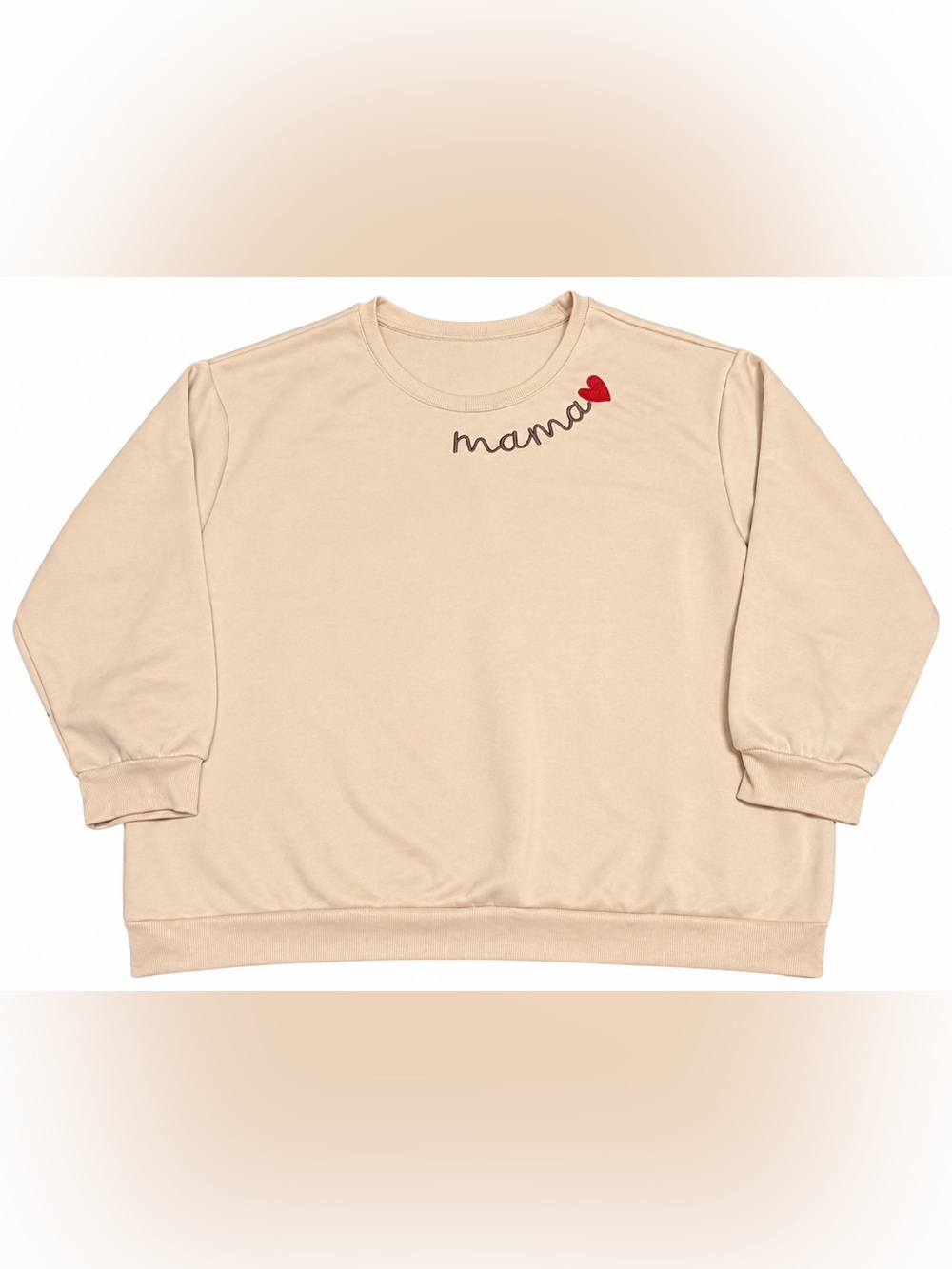 Mama Heart Embroidered Crewneck Sweatshirt 4XL Beige Oversized Pullover
